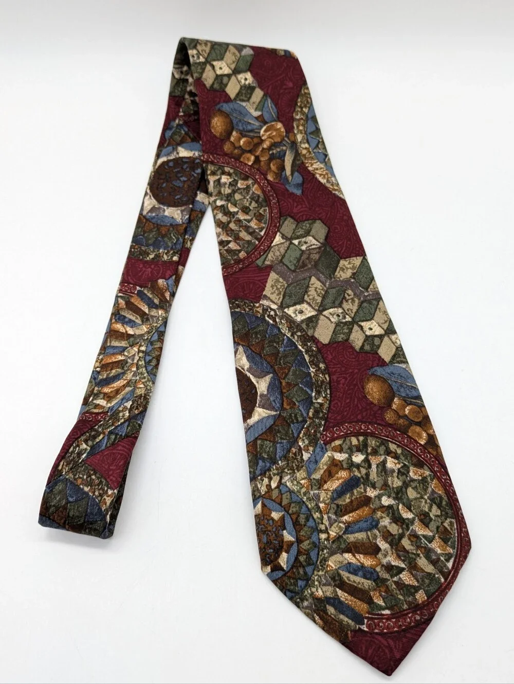 Vintage Structure Maroon Blue Tan Abstract Geometric Silk Mens Tie